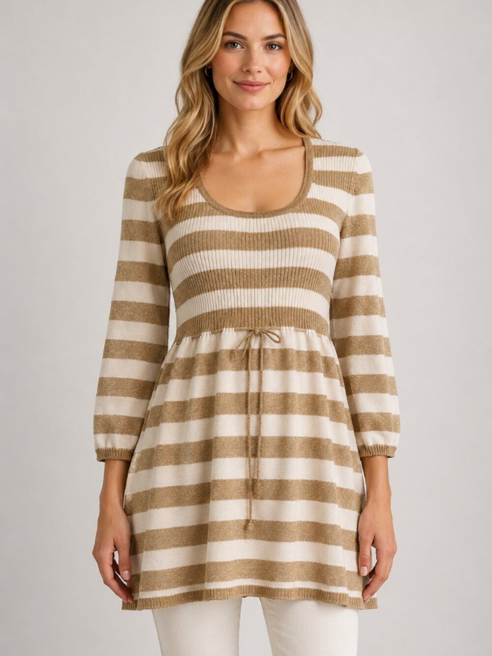 Ashley Judd Women’s S Gold Ivory Metallic Stripe Empire Waist Knit Tunic Top